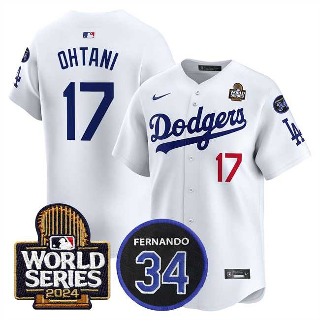 Mens Los Angeles Dodgers #17 Shohei Ohtani White 2024 World Series With Fernando Memorial Patch Limited Stitched Baseball Jersey